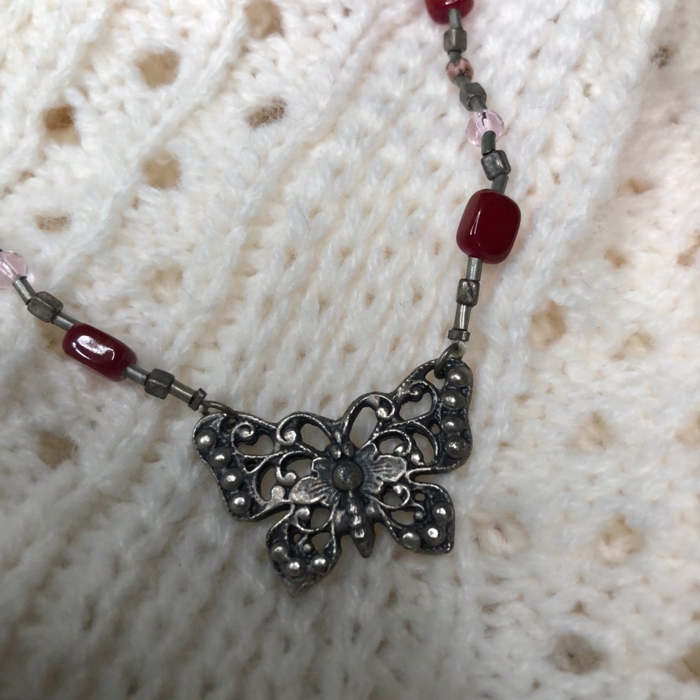 American Eagle Butterfly & Red Stone Bead Necklace